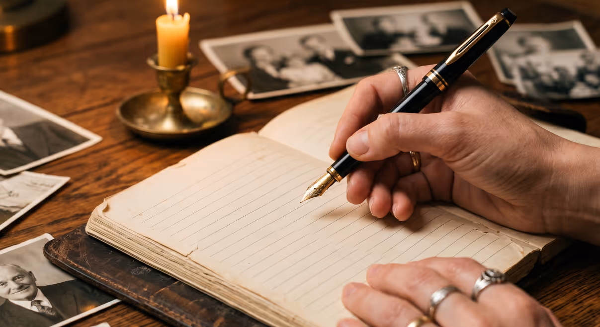 A hand writing in a journal with a fountain pen, old photographs on the table