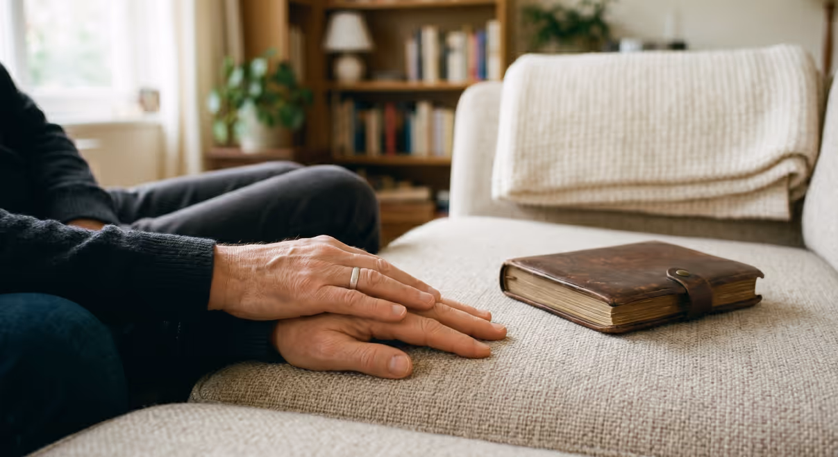 Folded hands beside a worn leather journal on a sofa